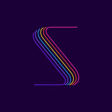 S harfi logosu neon ışık şeklinde. Altı ince çizgi renkli yazı tipi. Kumarhane etkinlikleri posterleri, canlı amblem, gece hayatı afişi ve fütüristik kimlik için mükemmel.. 