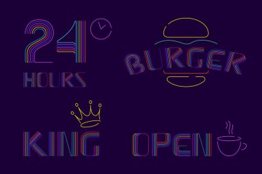 Kahveli ve burgerli abur cubur barı için ışıklı amblemler. Altı ince çizgi renkli yazı tipi. Çizgi logosu, olay posterleri, canlı amblem, gece hayatı afişi ve fütürist kimlik için mükemmel.. 