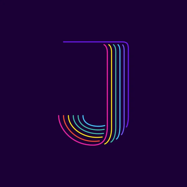 stock vector J letter logo in neon light style. Six thin lines colored font. Perfect for casino events posters, vivid emblem, nightlife banner and futuristic identity. 