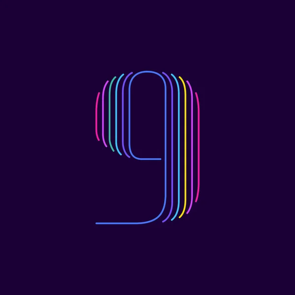 Neon Light Nummer Negen Symbool Zes Dunne Lijnen Gekleurd Lettertype — Stockvector