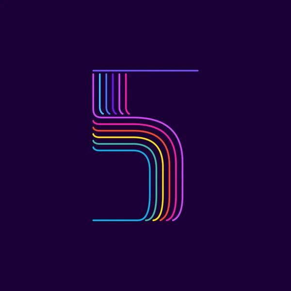 Luce Neon Numero Cinque Simbolo Sei Linee Sottili Font Colorati — Vettoriale Stock