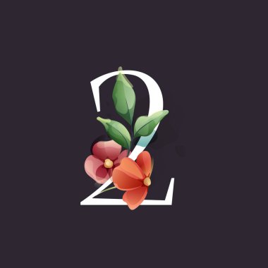 Çiçek ve yapraklarla suluboya tarzında iki numaralı logo. Şakayık, papatya ve tomurcuk gibi otlar. Düğün davetiyeleri, klasik düzenlemeler ve klasik dekorasyon için mükemmel..