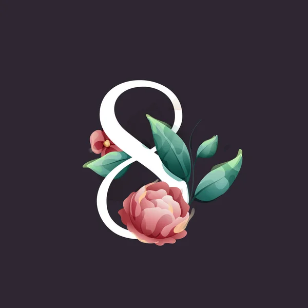 Logotipo Número Oito Estilo Aquarela Com Flores Folhas Ervas Como —  Vetores de Stock