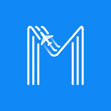M harfi üç paralel çizgiden oluşuyor ve bir düzlem simgesi var. Seyahat uygulaması, jet şirketi kimliği ve nakliye reklamı için vektör amblemi.