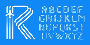 Alfabe, düzlem ikonuyla birlikte üç paralel çizgiden oluşuyor. Seyahat uygulaması, jet şirketi kimliği ve nakliye reklamı için vektör amblemi.