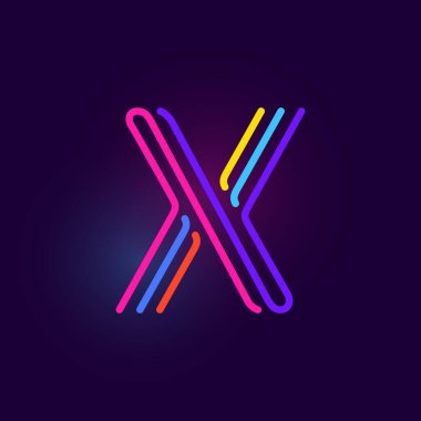 X harfi logosu üç neon çizgiden oluşur. Parlak efektli vektör yazı tipi. Kumarhane kimliği, canlı satış afişi ve fütüristik posterler için mükemmel.. 