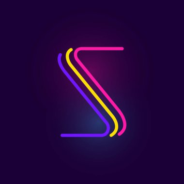 S harfi logosu üç neon çizgiden oluşur. Parlak efektli vektör yazı tipi. Kumarhane kimliği, canlı satış afişi ve fütüristik posterler için mükemmel.. 