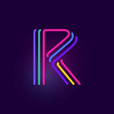 R harfi logosu üç neon çizgiden oluşur. Parlak efektli vektör yazı tipi. Kumarhane kimliği, canlı satış afişi ve fütüristik posterler için mükemmel.. 