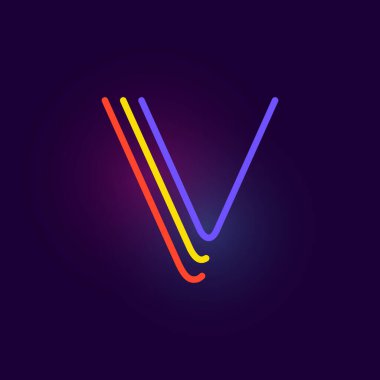 V harfi logosu üç neon çizgiden oluşur. Parlak efektli vektör yazı tipi. Kumarhane kimliği, canlı satış afişi ve fütüristik posterler için mükemmel.. 