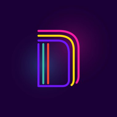 D harfi logosu üç neon çizgiden oluşur. Parlak efektli vektör yazı tipi. Kumarhane kimliği, canlı satış afişi ve fütüristik posterler için mükemmel.. 
