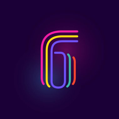 Altı numaralı logo üç neon hattından oluşuyor. Parlak efektli vektör yazı tipi. Kumarhane kimliği, canlı amblem, satış afişi ve fütüristik posterler için mükemmel.. 