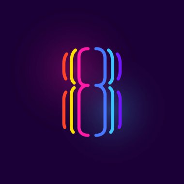 Sekiz numaralı logo üç neon hattından oluşuyor. Parlak efektli vektör yazı tipi. Kumarhane kimliği, canlı amblem, satış afişi ve fütüristik posterler için mükemmel.. 