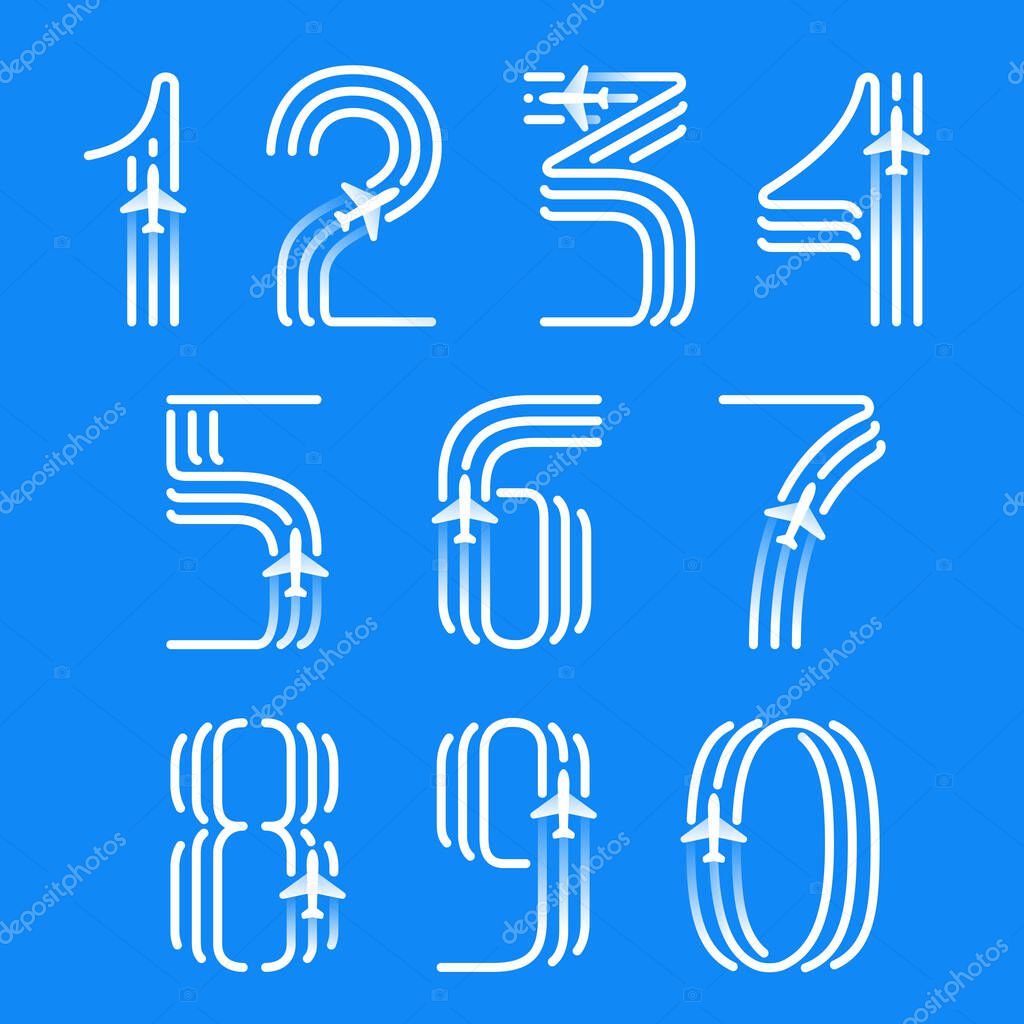 Numbers set made of three parallel lines with a plane icon. Vector emblem for a travel app, jet company identity, and shipping advertising.