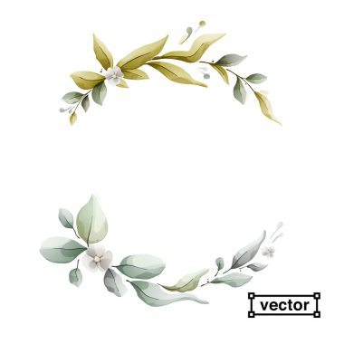 Çiçekli ve yapraklı suluboya çelenk. Buket elementli beyaz arka plan, botanik yaprak çizimi. Klasik bitkisel yarım daire.
