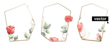 Ready to use vector cards. Herbal watercolor style invitation design with pink roses flowers, buds, leaves, and branches. Perfect for wedding invitation background, greeting card, and luxury poster.