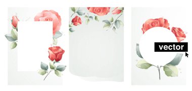 Square and circle borders with pink roses flowers, leaves, and buds. Vector watercolor style elements. Perfect for invitations, wedding concepts, decorative greeting cards, and eco posters.