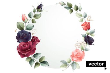 Vector illustration. Watercolor style wreath with pink roses flowers, leaves, and buds. Perfect for invitations, wedding concepts, decorative greeting cards, and eco posters.