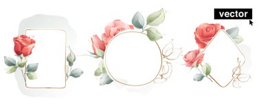 Square, circle, and diamond borders with pink roses flowers, leaves, and buds. Vector watercolor style elements. Perfect for invitations, wedding concepts, decorative greeting cards, and eco posters.