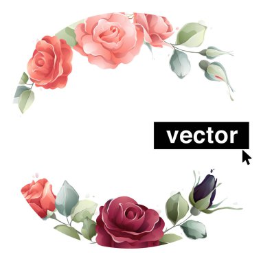 Vector watercolor style illustrations of pink rose, buds, and leaves. Vintage card template, wedding invitation design, floral frame elements for your text. 