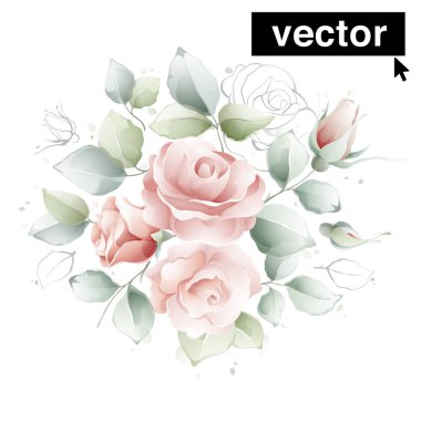 Vector watercolor arrangements with beautiful pink roses. Set of flowers, buds, leaves. Botanical illustration isolated on white background perfect for wedding invitations, greeting cards, eco posters.