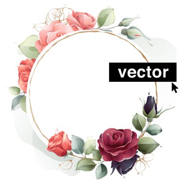 Vector illustration. Watercolor style wreath with pink roses flowers, leaves, and buds. Perfect for invitations, wedding concepts, decorative greeting cards, and eco posters.