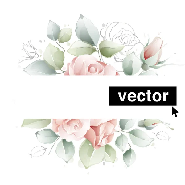 Vector Watercolor Style Illustrations Pink Rose Buds Leaves Vintage Card — Vetor de Stock