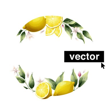 Vector lemon wreath watercolor style illustration. Set of green leaves, flowers, buds, and branches. Citrus fruit slices and splashing juice arrangements.