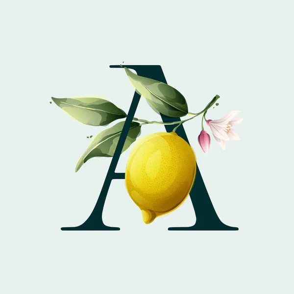 Logotipo Letra Con Limones Estilo Acuarela Vector Ilustración Hojas Verdes — Vector de stock