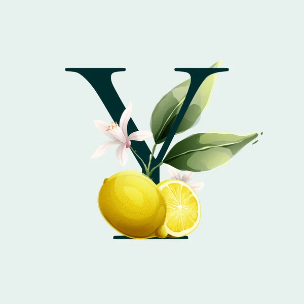 Logotipo Letra Con Limones Estilo Acuarela Vectorial Ilustración Hojas Verdes — Vector de stock