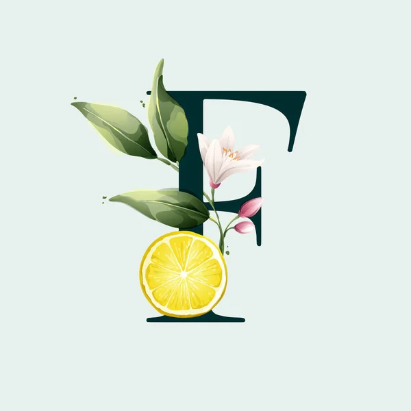 Letter Logo Lemons Vector Watercolor Style Illustration Green Leaves Flowers — Vettoriale Stock