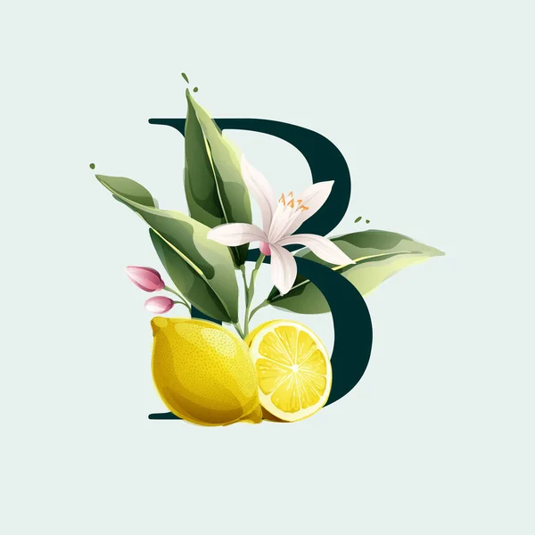 Letter Logo Lemons Vector Watercolor Style Illustration Green Leaves Flowers — Vettoriale Stock