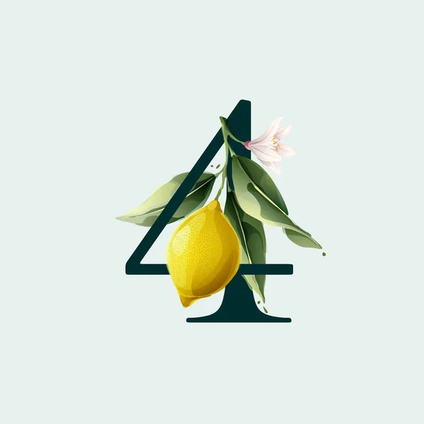 Number Four Logo Lemons Vector Watercolor Style Illustration Green Leaves — Stock Vector