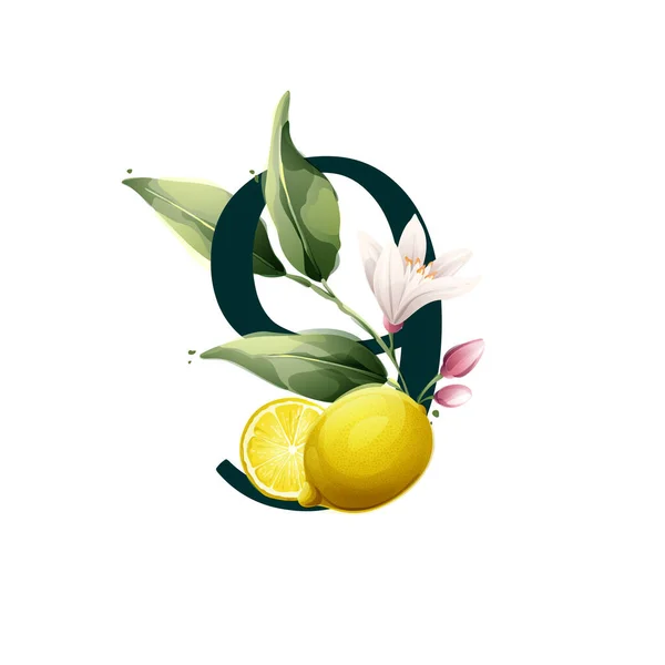 Vektör Suluboya Stili Limonlu Dokuz Numaralı Logo Yeşil Yapraklar Çiçekler — Stok Vektör
