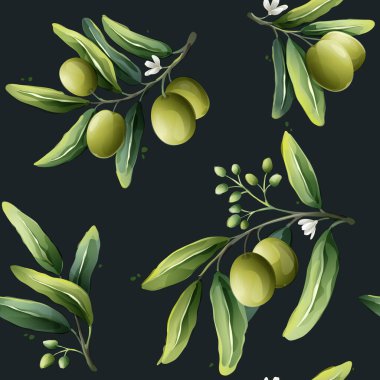 Siyahta kusursuz zeytin deseni. El çizimi suluboya stili vektör çizimi. Akdeniz çilekleri, yeşil yapraklar, çiçekler, tomurcuklar ve dallar.. 