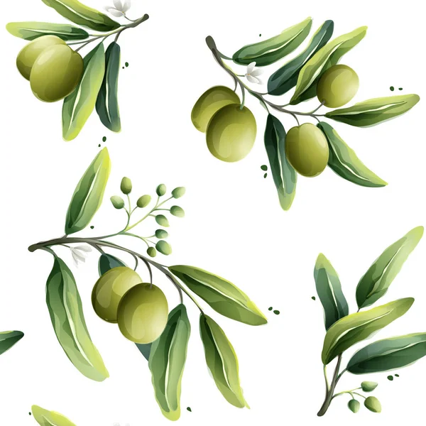 白色上的无缝隙向量橄榄图案 一套冥想浆果 芽和枝条 — 图库矢量图片