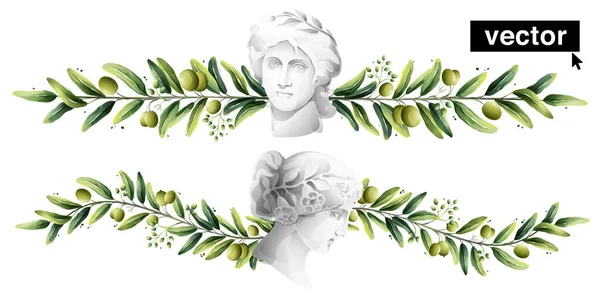 矢量水分色器和边界 意大利古神半身像的橄榄 地中海浆果 芽和枝条的图例 — 图库矢量图片