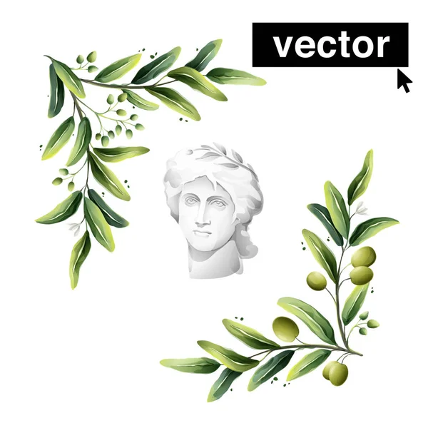 意大利古神半身像的水彩画橄榄框 地中海浆果 芽和枝条的病媒图解 手绘植物学藏品 — 图库矢量图片