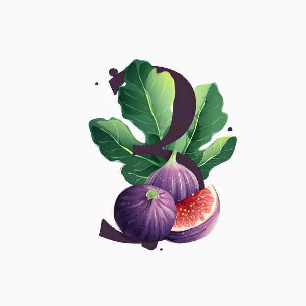 新鮮な熟した紫色のイチジクの果実と葉でスライスした3番目のロゴ 白地に隔離されたベクトル水彩手描きイラスト — ストックベクタ