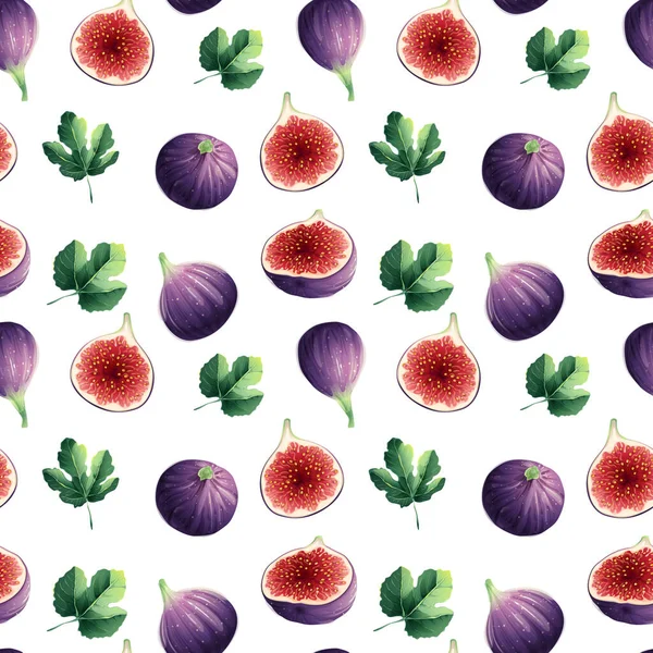 Whole Cut Figs Leaf Realistic Watercolor Seamless Pattern Realistic Vector — Stock Vector