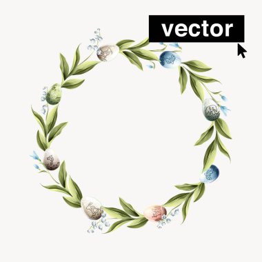 Paskalya yumurtaları ve İskandinav desenli suluboya çelenk vadi yaprakları ve kartopu çiçekleri. Tebrik kartlarınız ve poster tasarımlarınız için mükemmel..