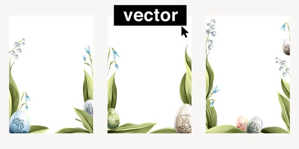 手绘水彩画的长方形框架 上面有复活节彩蛋 百合花和雪花 完美的背景问候 春天的生日 家庭卡片 — 图库矢量图片