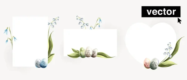 一套矩形 心形和圆形的框架与复活节蛋与斯堪的纳维亚动物模式 百合花和雪花花 水彩画中的矢量插图 — 图库矢量图片