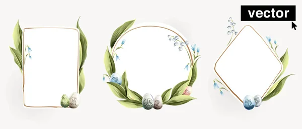北欧模様のイースターエッグと百合の葉と雪の花のフレームのセット ウサギ キツネ リスの北欧アート 水彩画のベクトルイラスト ロイヤリティフリーのストックイラスト