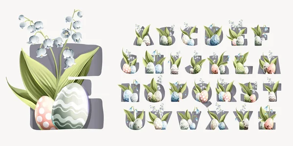 Alphabet Easter Eggs Classic Natural Design Lily Valley Leaves Snowdrop — Stock Vector