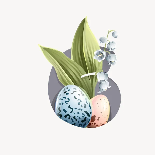 天然の模様のイースターエッグ 渓谷の葉のユリ およびスノードロップの花を持つ6つのロゴ グリーティングカード 春の誕生日ポスター 幼稚園のインテリアデザインに最適 ストックベクター