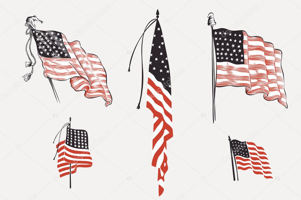 Vector clipart with American flags. Illustration of US history and 4th of July celebration in engraving style. Perfect for independence day cards, invitations, banners.