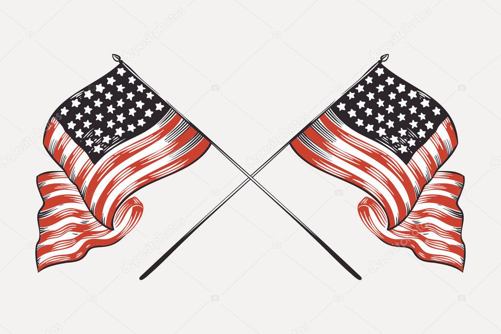 Vector clipart with crossed American flags. Illustration of US history and 4th of July celebration in engraving style. Perfect for independence day cards, invitations, banners.