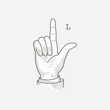 L letter logo in a deaf-mute hand gesture alphabet. Hand-drawn engraving style vector American sign language illustration. clipart