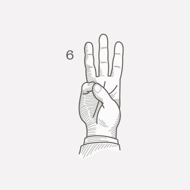 Number six logo in a deaf-mute hand gesture alphabet. Hand-drawn engraving style vector American sign language illustration. clipart