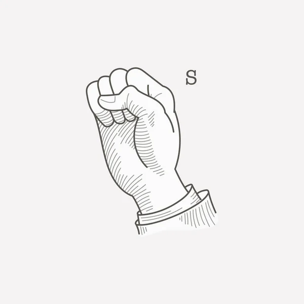 S字母标识在聋哑手势字母表中 手绘雕刻风格矢量美国手语图解 — 图库矢量图片